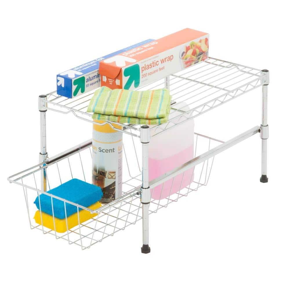 Chrome Adjustable Two-Tier Cabinet Organizer with Pull-Out Basket
