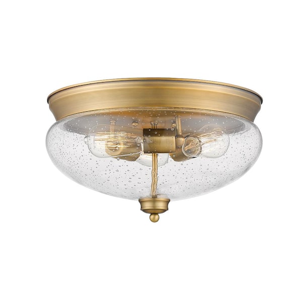 Unbranded 15 in. 3-Light Heritage Brass Flush Mount with Clear Seedy Shade