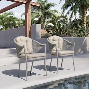 Aluminum and Woven Rope Outdoor Arm Dining Chair with Removable Beige Cushions (2-Pack)