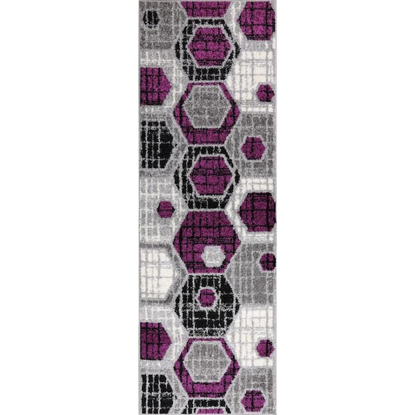 L'Baiet Amoura Purple Geometric 2 ft. x 6 ft. Runner Rug