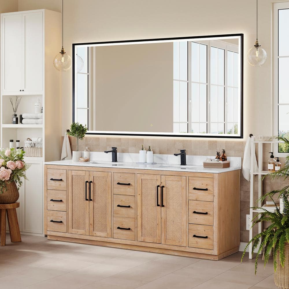 Floral 84" Light Brown Fir Wood Vanity with Calacatta White Quartz Top and Mirror