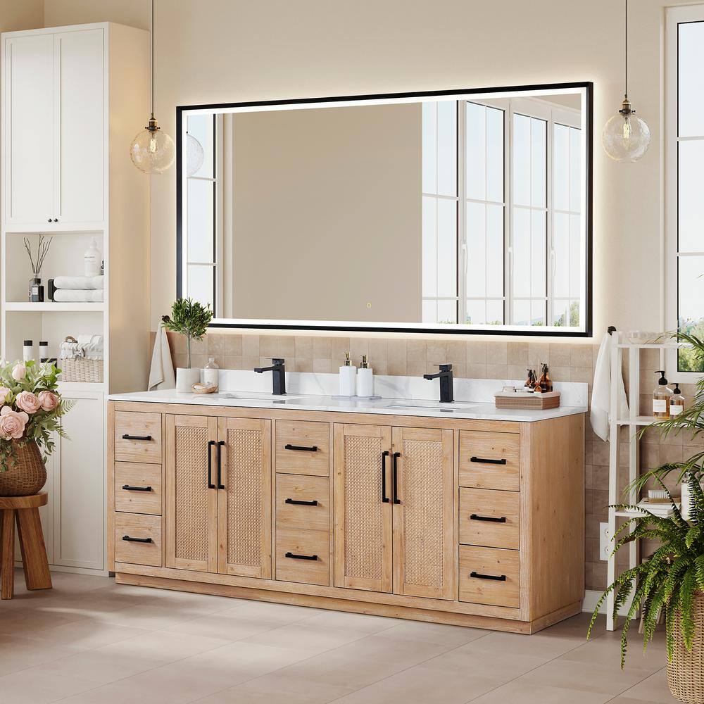 Floral 84" Light Brown Fir Wood Vanity with Calacatta White Quartz Top and Mirror