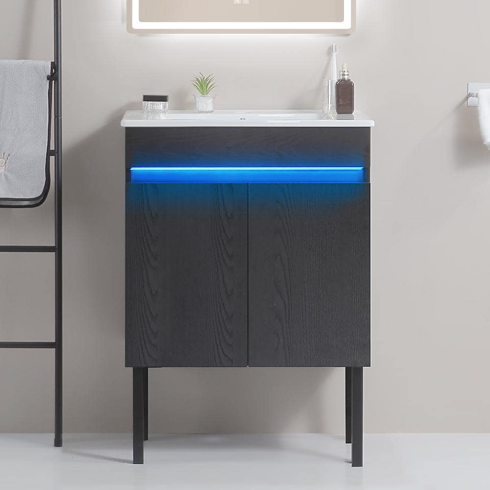 24 in. W x 18 in. D x 32 in. H Freestanding Bathroom Vanity in Black with R