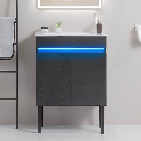 Unbranded 24 in. W x 18 in. D x 32 in. H Freestanding Bathroom Vanity in Black with Radar Sensing Light with white ceramic Top