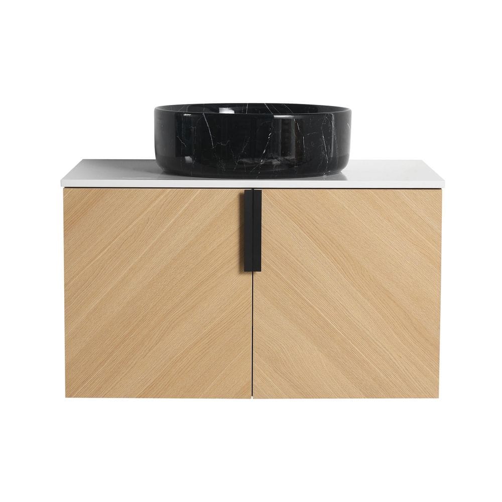 29.5 in. Floating Single Sink White Oak Bath Vanity with White Engineered Stone Top and Black Marble Ceramic Basin price history on PriceWatchPro