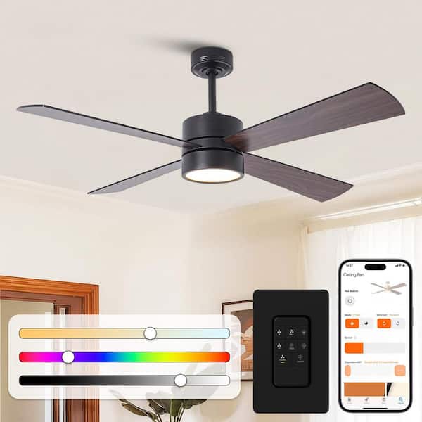 52 in. Indoor RGB Integrated LED Matte Black Downrod Mount Ceiling Fan with Light and APP/Remote Control Included