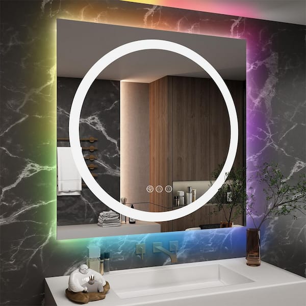 Apmir 36 in. W x 36 in. H Square Frameless RGB Backlit and LED Frontlit Anti-Fog Tempered Glass Wall Bathroom Vanity Mirror
