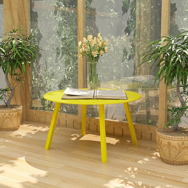 BANSA ROSE Yellow Round Outdoor Coffee Table, Weather Resistant Metal Large Side Table for Balcony, Porch, Deck, Poolside