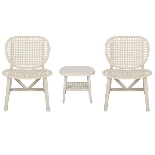 Unbranded 3-Pieces Hollow Design Polypropylene Retro Outdoor Patio Table and Chair Set All Weather Conversation, White
