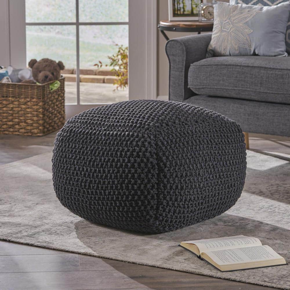 Winter Hot Seller Dark Gray Knitted Cotton Square Pouf for Bedroom, Living 