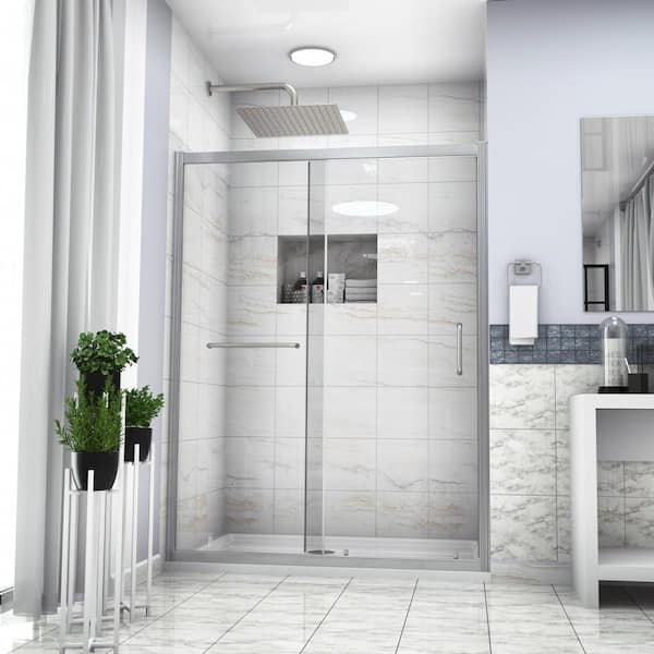 grossag 60 in. W x 72 in. H Single Sliding Semi Frameless Shower Door/Enclosure in Chrome with 1/4 in. Tempered Clear Glass