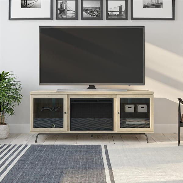 Ameriwood Home Flicker 64.76 in. Freestanding Electric Fireplace TV Stand in Blonde Oak