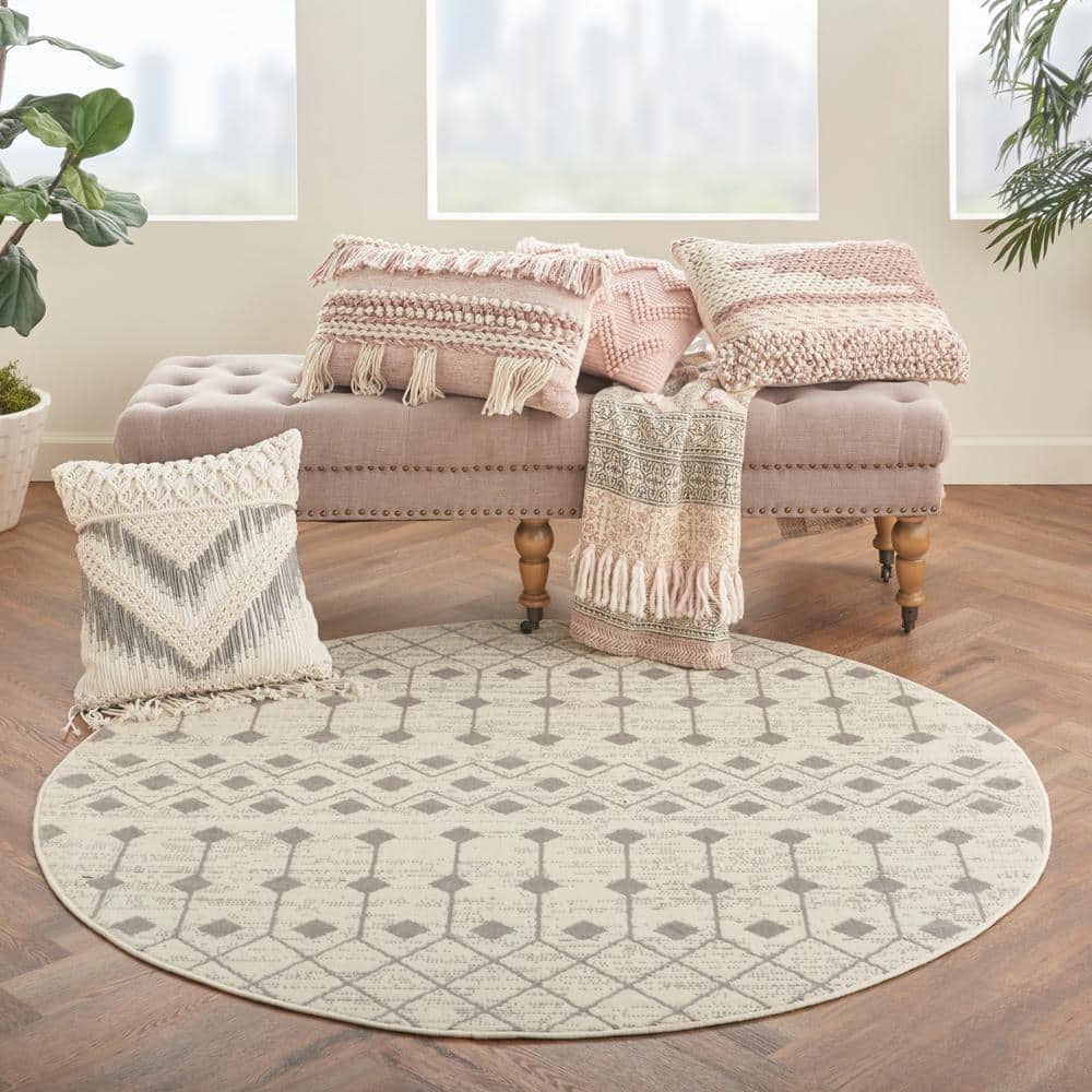 Ivory and Grey Geometric Round Synthetic Area Rug, 63"