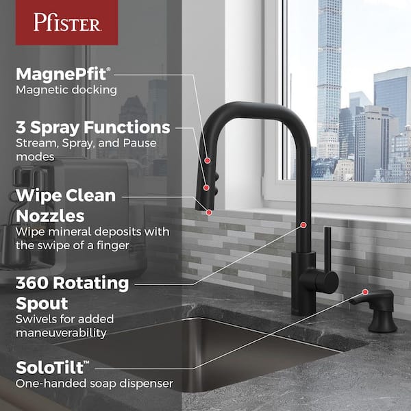 Zanna Single Handle Pull Down Sprayer Kitchen Faucet with Deckplate and Soap Dispenser in Matte Black