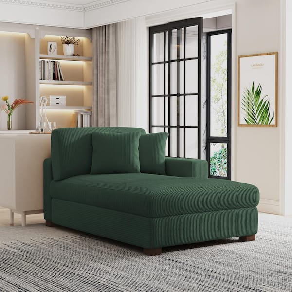Hunter Green Corduroy Polyester Right Arm Facing Sectional Chaise Lounge with Wood Legs (Set of 1)