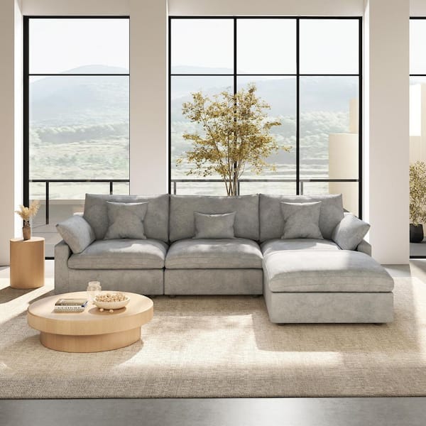 119 in. Square Arm Linen Oversized 4-Piece L-Shaped Modular Sectional Sofa with Ottoman in. Gray