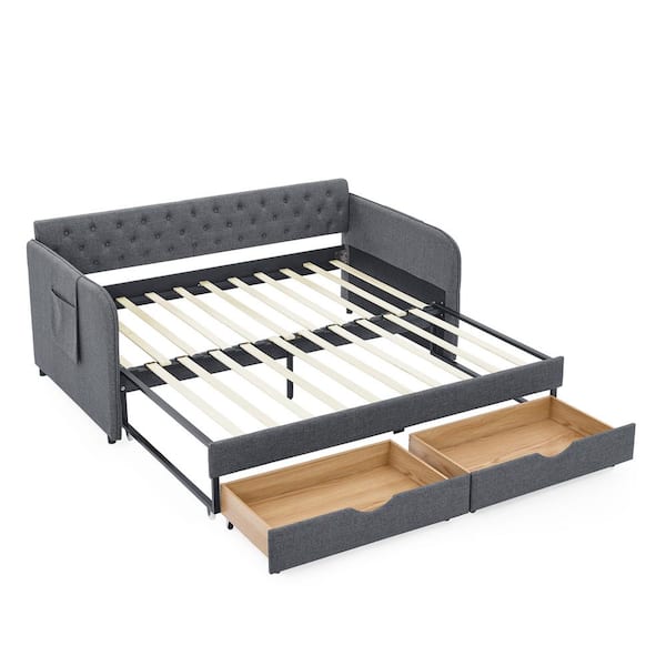 Unbranded Outdoor Twin Size Upholstery Extendable Daybed with 2 Storage Drawers, Pocket, for Patios, Porches, Linen Dark Gray