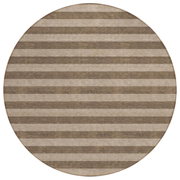 Coffee 8 ft. Round Woven Striped Polyester Round Indoor/Outdoor Area Rug