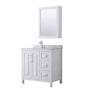 Daria 36 in. Single Bathroom Vanity in White with Marble Vanity Top in Carrara White and Medicine Cabinet