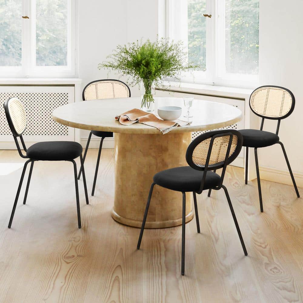 LUE BONA 18 in. Black Velvet Metal Frame Dining Chairs with Rattan Back