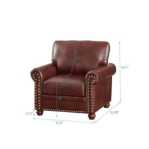 35.8 in. Round Arm Faux Leather Rectangle Mid-Century Modern Sofa in Burgundy with Solid Wood Legs and Silver Nails