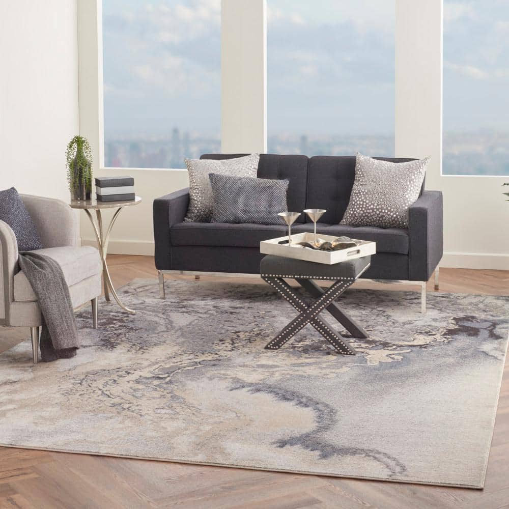Extra Large Gray Abstract Synthetic Area Rug 9' x 12'