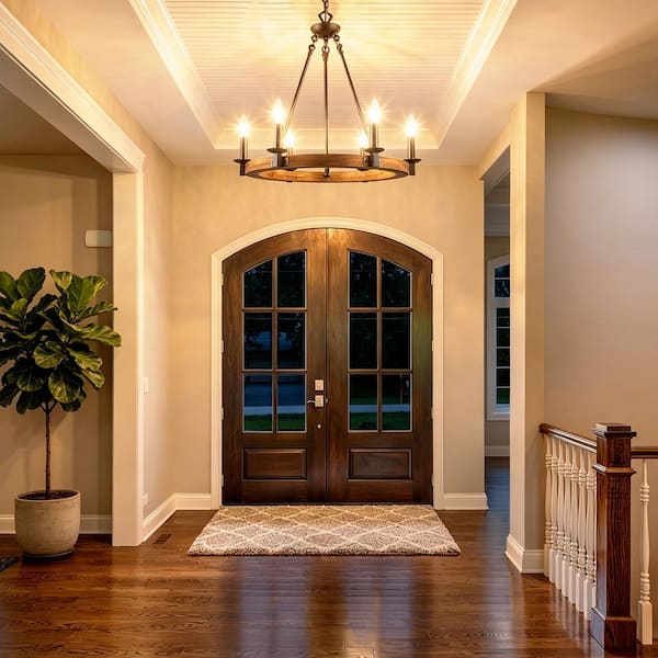 Farmhouse Wagon Wheel Chandelier, 6-Light Distressed Wood Circle Island Light, Rustic Bronze Dining Room Pendant Light