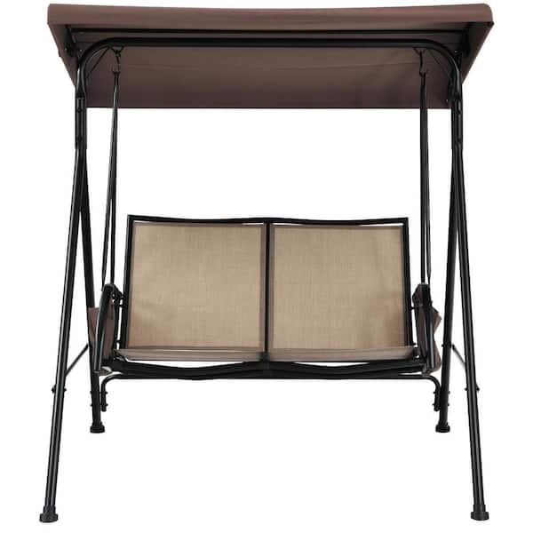 Gtnali Outdoor 2-Person Metal Patio Swing with Adjustable Canopy and 2-Storage Pocket, Brown