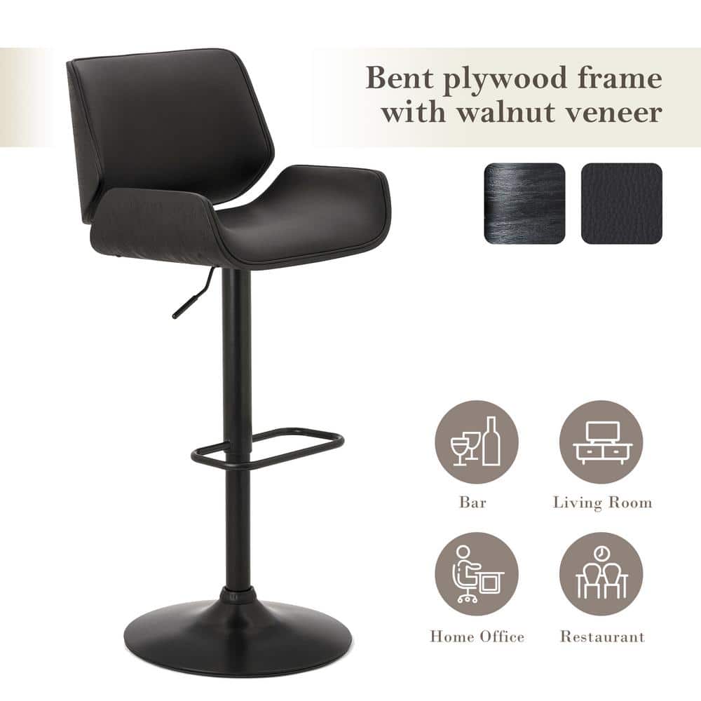 Black Adjustable Height Swivel Bar Stools with Leather and Metal