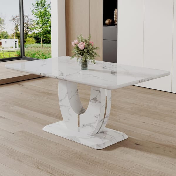 Polibi White Modern Rectangular Faux Marble 63.00 in. Pedestal Dining Table Seats for 6
