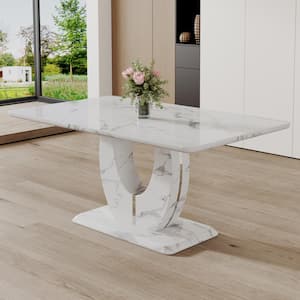 White Modern Rectangular Faux Marble 63.00 in. Pedestal Dining Table Seats for 6