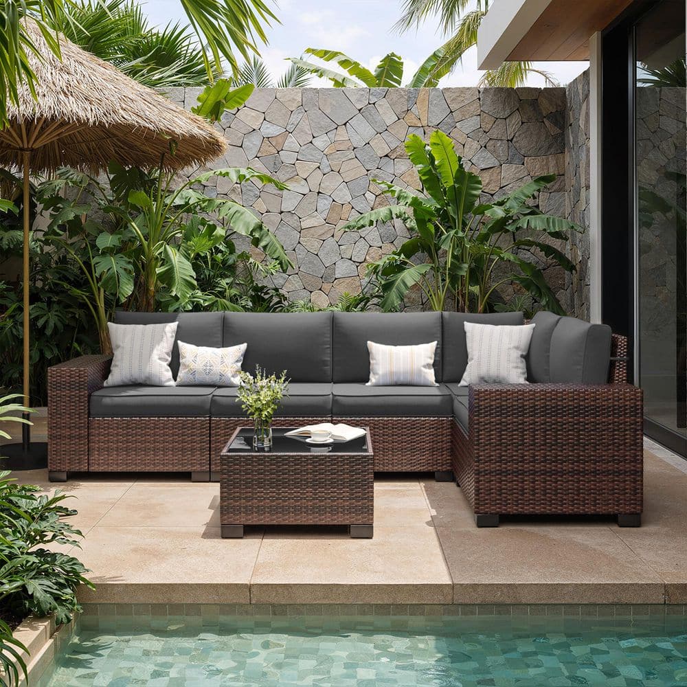 Brown 6-Piece Outdoor Rattan Sectional Seating Group with Dark Gray Cushions price history on PriceWatchPro