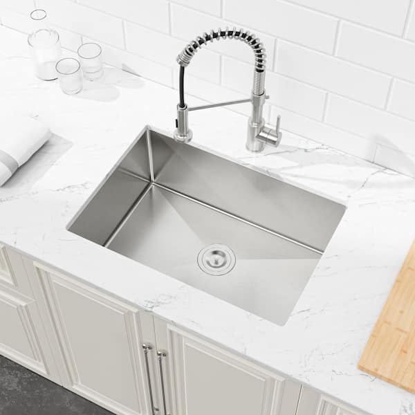 27 in. x 19 in. Brushed Nickel Stainless Steel Single Bowl Undermount Kitchen Sink with Drain and Hooks