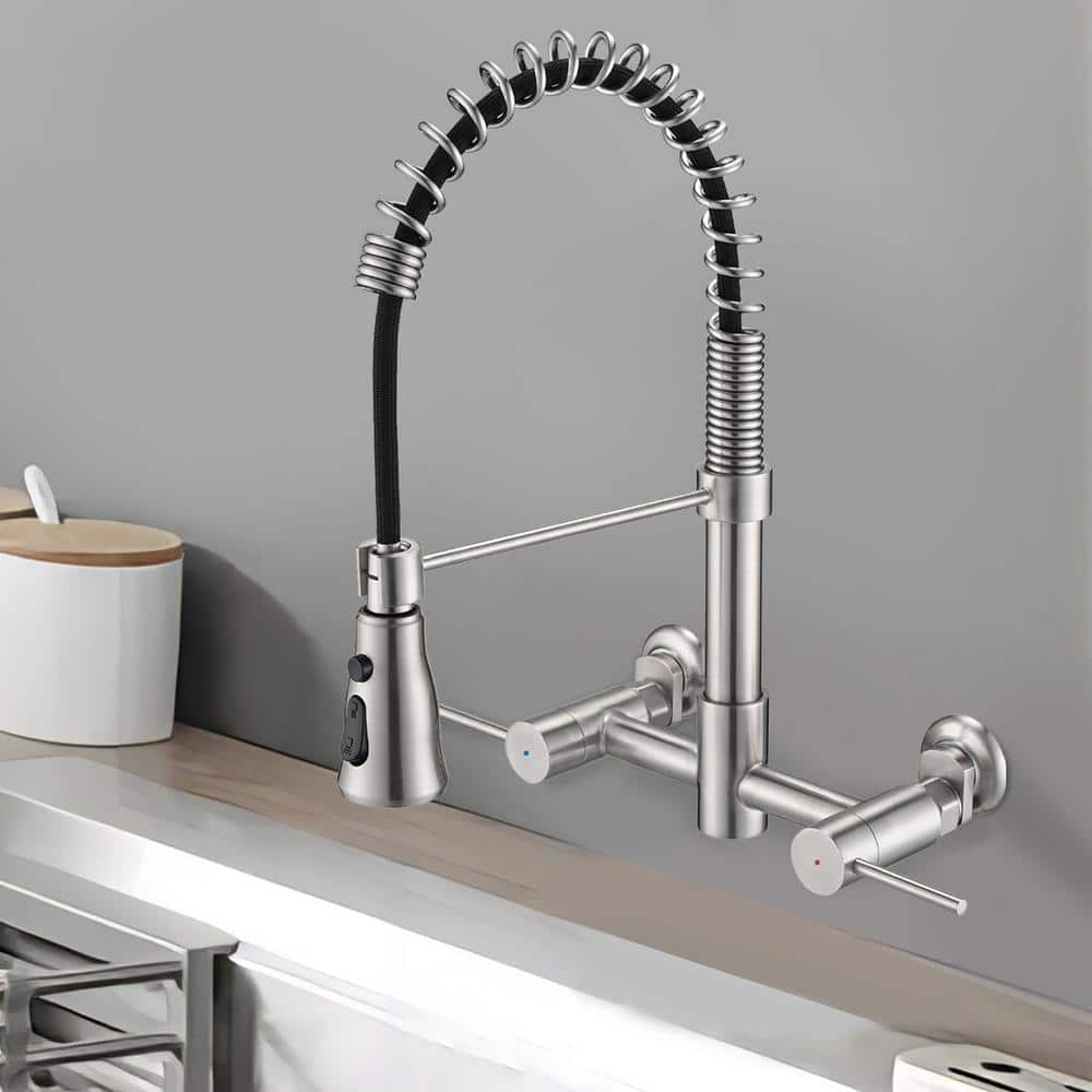 UPIKER Double Handle Wall Mounted Bridge Kitchen Faucet With Pull Down   Brushed Nickel Bridge Kitchen Faucets Up2304kfbn0024 64 1000 