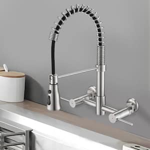 Double-Handle Wall Mounted Bridge Kitchen Faucet with Pull-Down Sprayer Head in Brushed Nickel