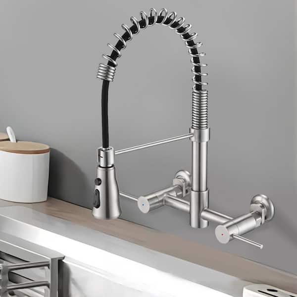 UPIKER Double-Handle Wall Mounted Bridge Kitchen Faucet with Pull-Down Sprayer Head in Brushed Nickel