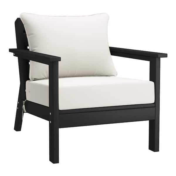WESTIN OUTDOOR Birchwood Outdoor Patio Deep Seating HDPE Plastic Lounge Chair in Black with White Cushions