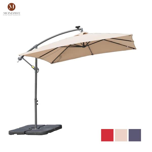 Mondawe 8.3 ft. Square Steel Pole Cantilever Patio Umbrella Outdoor Market Umbrella in Beige with LED Lights & Base