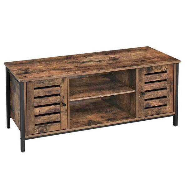 Benjara 43.3 in. Brown and Black Wood TV Stand Fits TVs Upto 42 in. with 2 Louvered Doors
