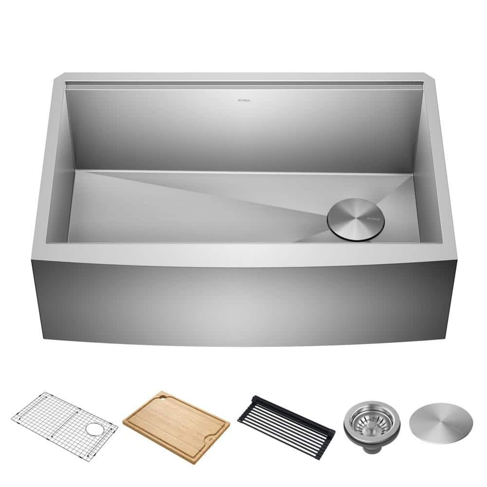 KRAUS Kore 16-Gauge Stainless Steel 30 in. Single Bowl Farmhouse Apron Workstation Kitchen Sink with Accessories