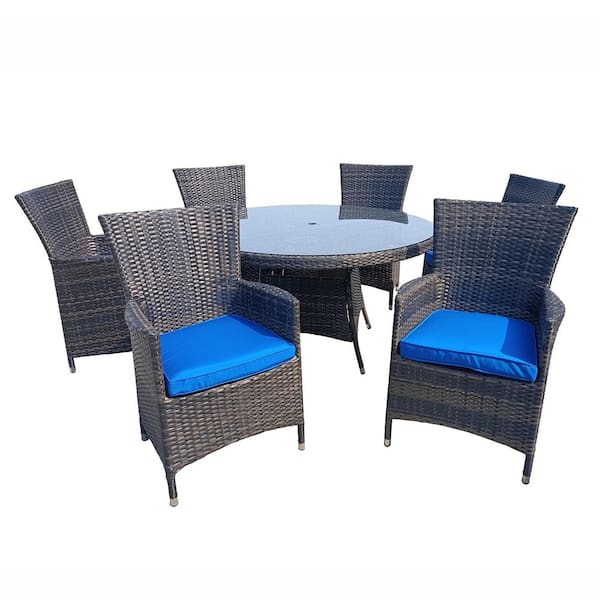 PATIOPTION 7-Piece Wicker Aluminum Frame Outdoor Dining Set with Washed Blue Cushion and Round Dining Table