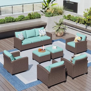 Brown Rattan Wicker 9 Seat 7-Piece Steel Patio Outdoor Sectional Set with Blue Cushions,2 Swivel Chairs,2 Ottomans