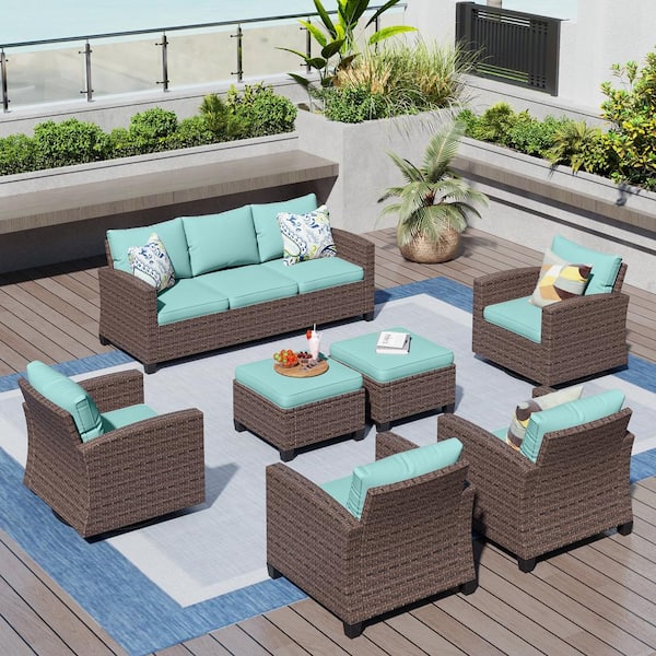 Brown Rattan Wicker 9 Seat 7-Piece Steel Patio Outdoor Sectional Set with Blue Cushions,2 Swivel Chairs,2 Ottomans