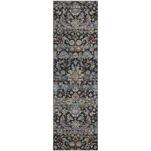 Mayfield Premium Machine Washable Abstract AMF2485 Black 2 ft. x 7 ft. Runner Rug
