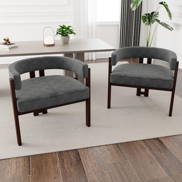 Gray Chenille Dining Chair Armchair with Open Back 3-Legs Barrel for Living Room (Set of 2)