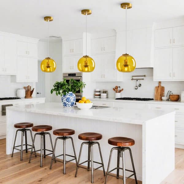 Home Lighting ‎60-Watts 1-Light 7. 87in Yellow Glass Globe Pendant Light for Kitchen Island, No Bulbs Included, 2Pack