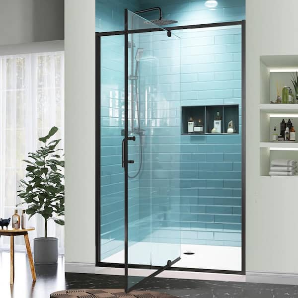 Lonni 44 - 48 in. W x 71 in. H Pivot Swing Semi-Frameless Shower Door in Matte Black with Clear SGCC Tempered Glass