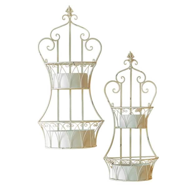 Zaer Ltd. International Copenhagen Large Antique White Metal Wall Mounted Plant Stand (Set of 2)