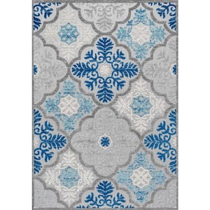 Cassis Ornate Ogee Trellis High-Low Light Gray/Blue 8 ft. x 10 ft. Indoor/Outdoor Area Rug