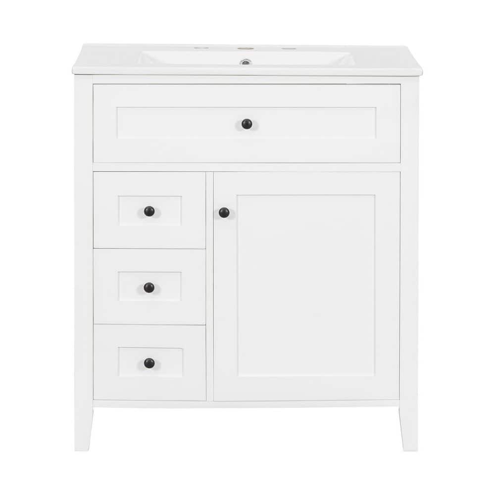 30 in. Freestanding White Bath Vanity with White Ceramic Top 3 Drawers and Adjustable Shelf price history on PriceWatchPro